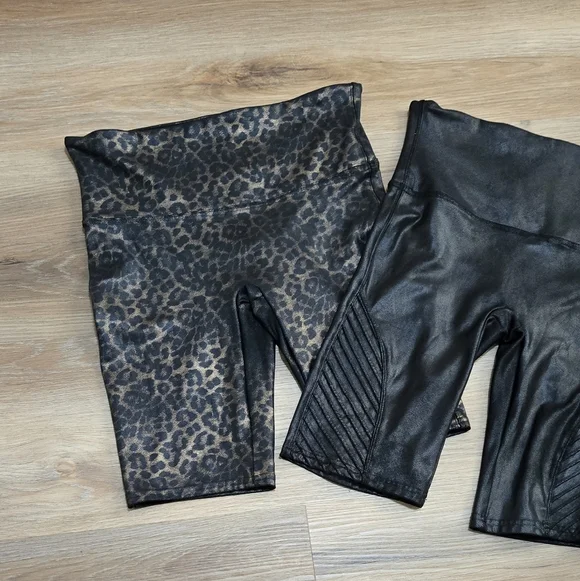 Spanx 2 Pair Black and Leopard Faux Leather Biker Shorts - Picture 4 of 15